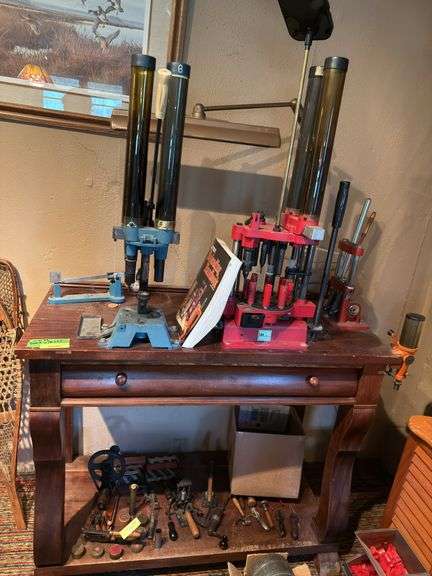 Pacific Gun Sight Co shotgun reloader, Pacific shot measure, 3 other reloading  apparatuses all mounted on bench and various supplies in drawer ALL TO GO, EXCEPT ITEMS ON BOTTOM SHELF image