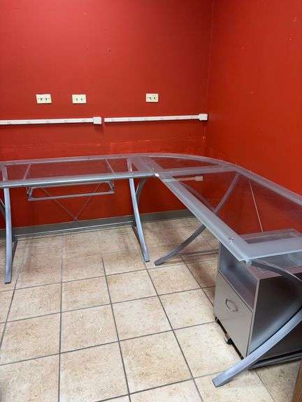 Modern desk with 1 drawer pedestal, glass top, each side 48x28 plus the corner piece image