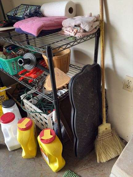 Wire shelf unit and contents includes drop cords, decor, cord wraps, cat litter, Preen, etc