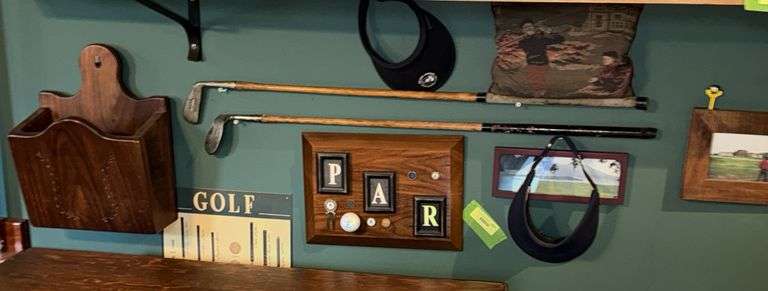 Golf related decor, wood shaft clubs, pictures, etc... image