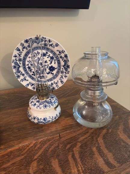 Japan blue oil lamp, small clear glass oil lamp-both approximately 9” tall image