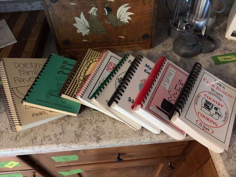 Cookbooks, breadbox, recipe box