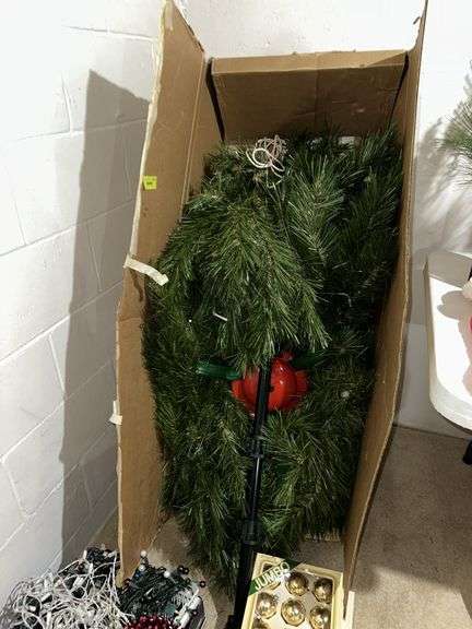 Artifical Christmas tree, ornaments, bulbs and tinsel style garland