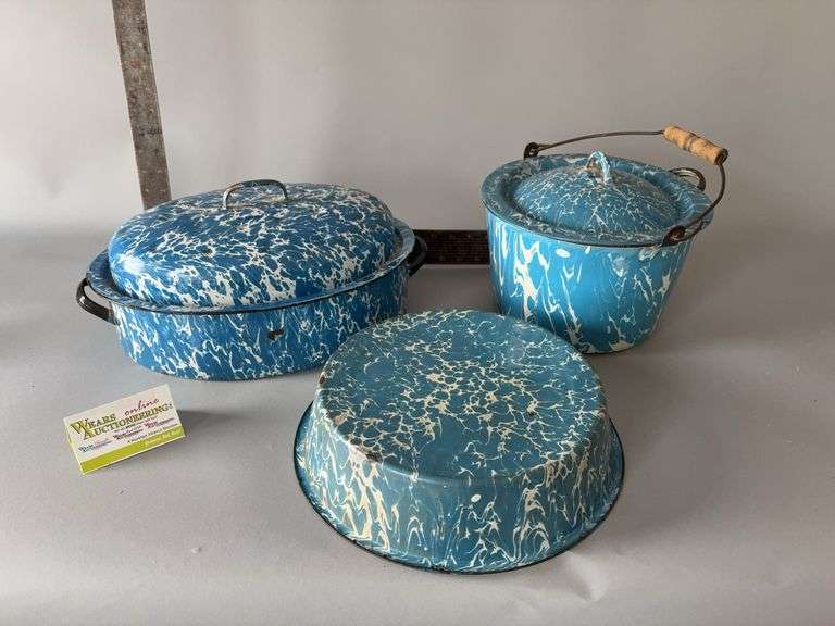 Three pieces blue swirl enamelware-small basin, roaster, handled pail w lid image
