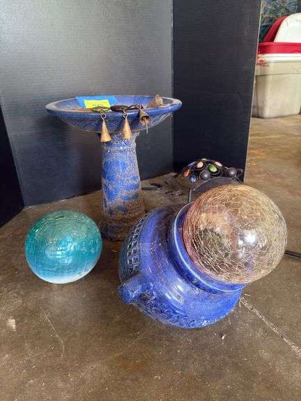 Small shepherd hook, wind chime, frog, small gazing balls, small bird bath and blue planter