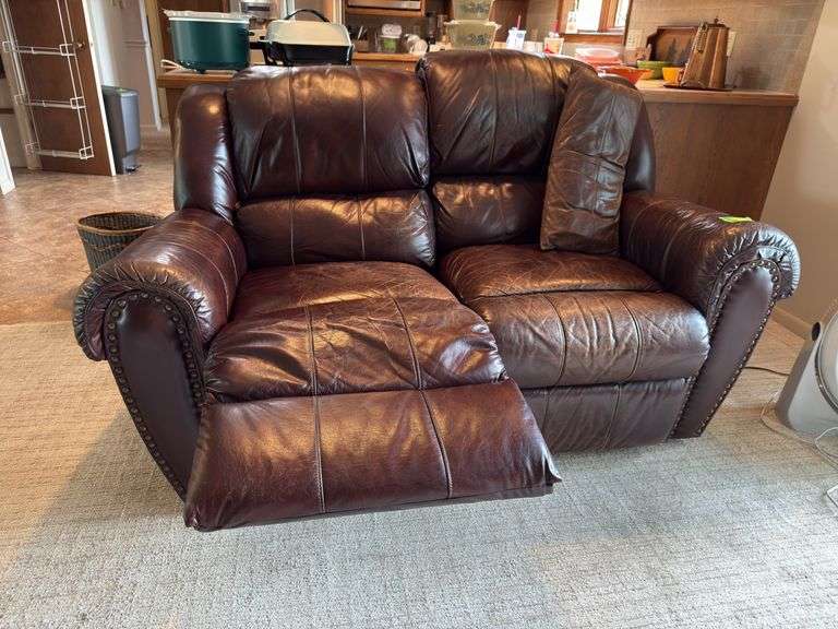 Lane 62” leather loveseat double recliner Shows wear but lots of love left to give! image