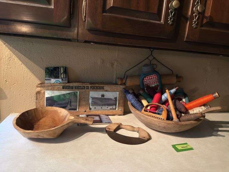 Large wooden mixing bowl, bobbins, dug out bowl w/ handle, single blade food chopper image