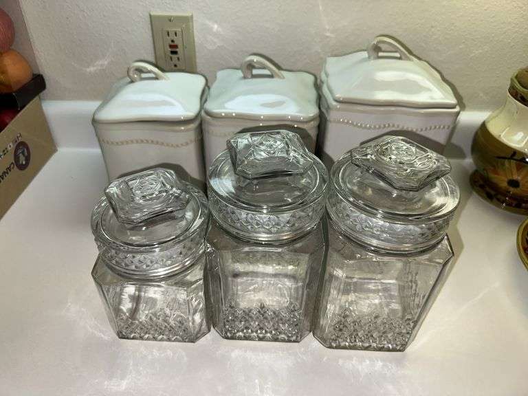 Three Princess House Pavillion caninsters and three Koezes clear glass canisters