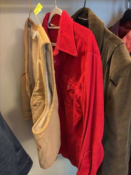 Men’s corduroy group-L Dickies Vaquero vest, Golden Spur button up shirt and Kmart size 46 dress coat image