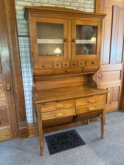 20D x 42L x 73H oak possum belly hoosier cabinet image