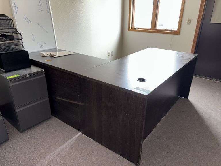 78x66x29H two piece desk unit with white board and other office file holders image