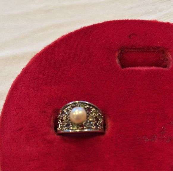 Cultured Pearl ring with multi stones, size approximately 7, marked but unable to make out image