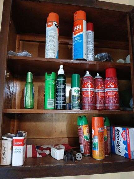 Bug sprays, boot waterproofing  Contents of 2 cabinets marked A image