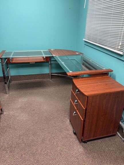 Modern desk and 3 drawer pedestal, desk 2 pieces 38x24 plus corner piece image