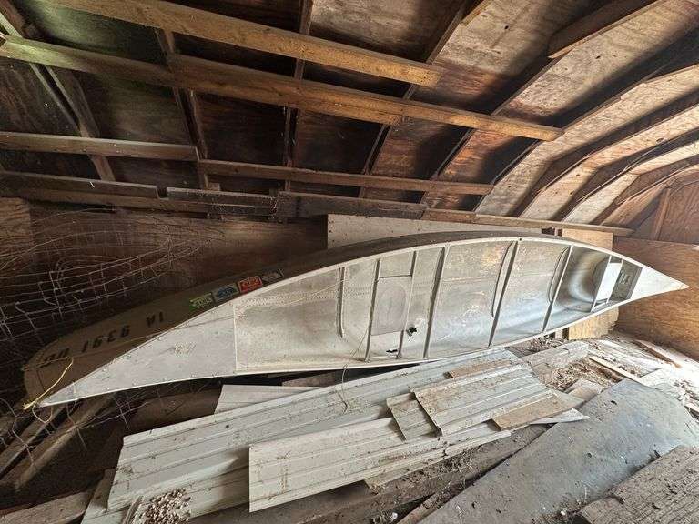 16' aluminum canoe 36" beam, 2 x 2 hole thru bottom and side wall, Comes with Bill of Sale only. image