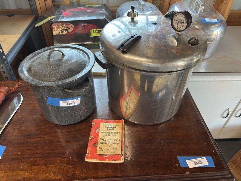 Small enamel stock pot and Presto 21 quart cooker canner image