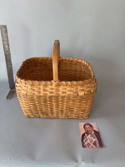 11x14x14H woven basket with handle Believe this to be an Emma Big Bear basket, local Marquette basket maker, check out the story about the basket maker, link in description image