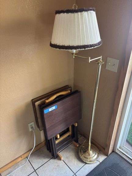 Set of four TV trays and brass floor lamp image