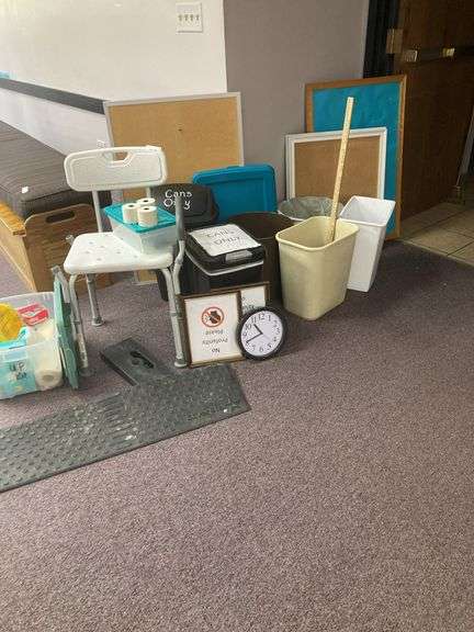 Cork boards, trash cans, ruler, clock, shower chair, all in photo image