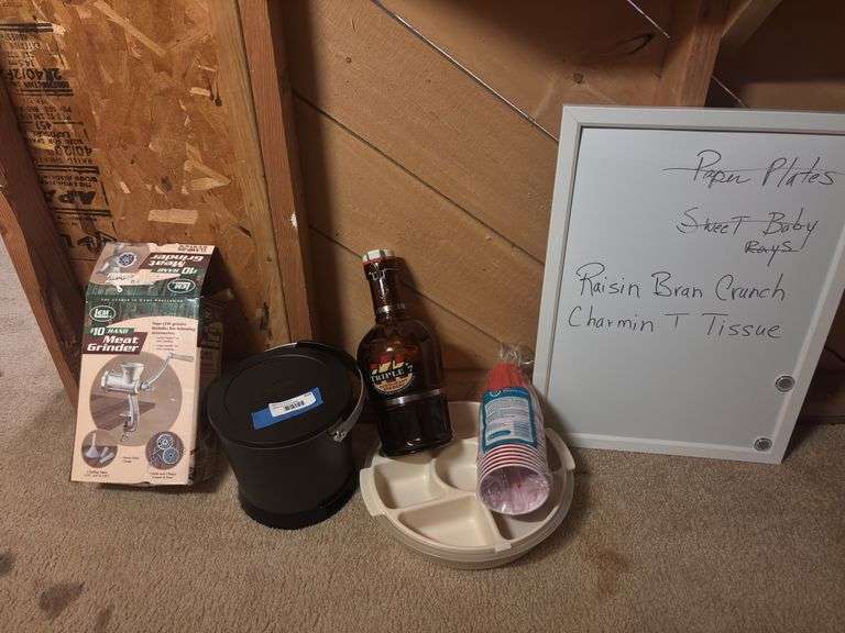 LEM number 10 hand meat grinder, Presto deep fryer, relish dish, growler bottle, and dry erase board image