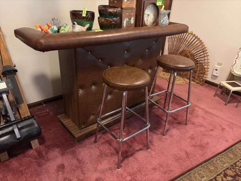 19 x 64 x 39H bar with two stools and contents of back bar shelves NOTHING ON TOP! image