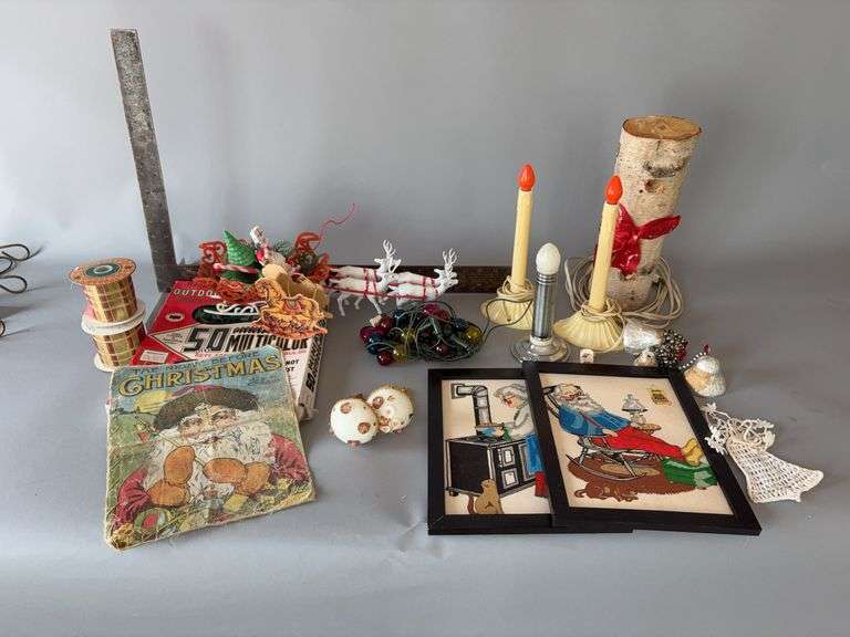 Vintage Christmas decor includes Santa and sleigh, electrified window candles, bulbs, etc image
