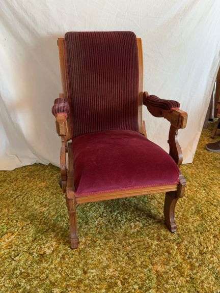 Walnut reclining parlor chair, burled overlay accents, carved overlay leaves image