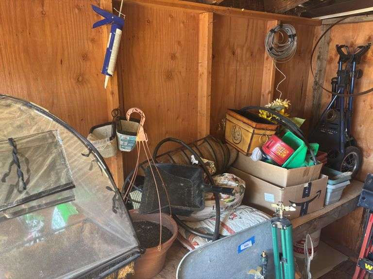 Lawn and garden care related items, pots, spreader, also includes a golf bag cart, plant covers image