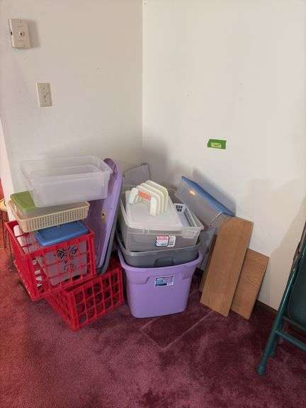 Various size totes and two crates There may be lids for the totes, but no promises You can try to match them up!! image
