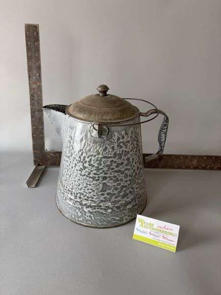Gray enamel cowboy coffee pot and 5lb honey pail that was a surprise inside! image