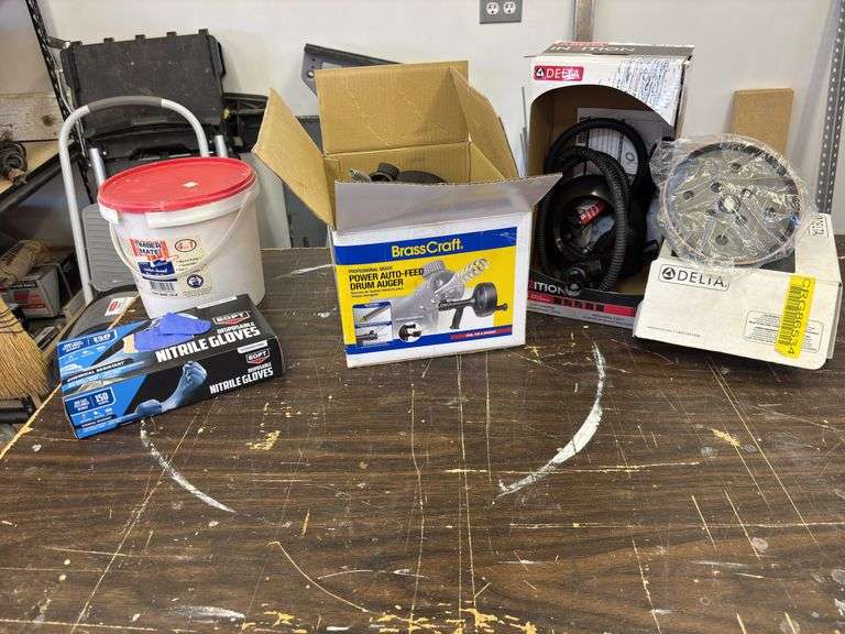 Power Auto Feed Drum Auger, gloves, new Delta shower head, wood putty image