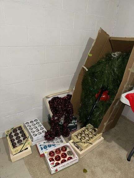 Artifical Christmas tree, ornaments, bulbs and tinsel style garland