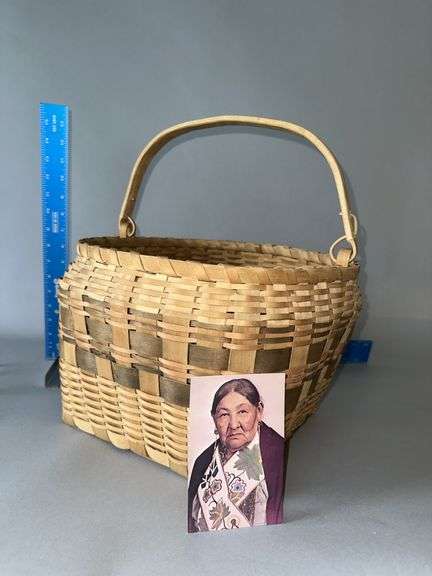 Woven basket 13 x13 x 9 tall w/handle Believe this to be an Emma Big Bear basket, local Marquette basket maker, check out the story about the basket maker, link in description image