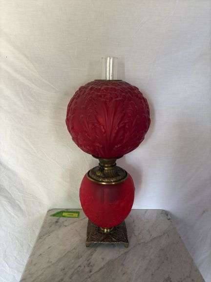 Fenton red satin Gone with the Wind lamp. Original. Small crack in metal base image