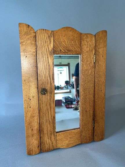 Oak medicine cabinet with mirrored door 6 x 13 x 18H image