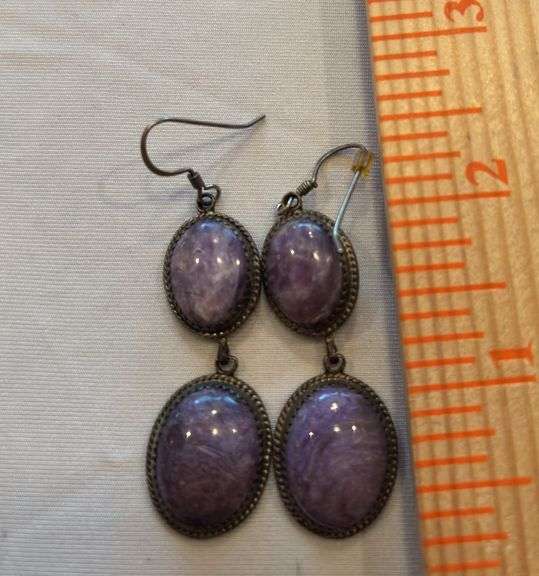 Sterling Native American Amethyst marked R pierced earrings image