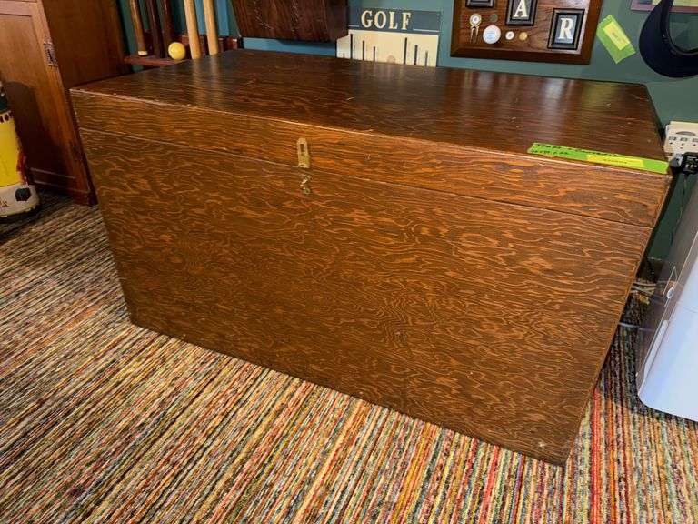 Cedar lined blanket box and contents, afghans, glass jars, wool tied comforter, door knobs image