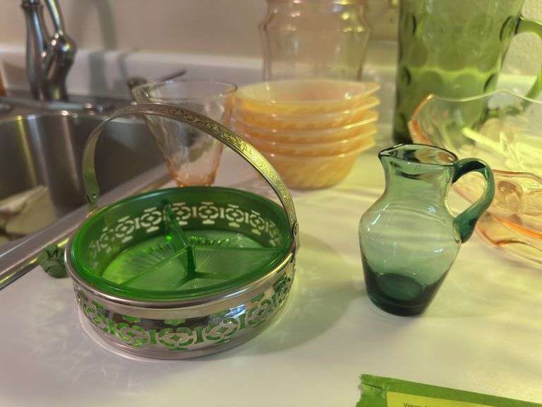 Pink and green Depression glass, Fire King bowls