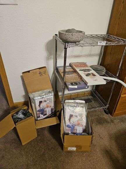 8" Granite Mortar and Pesto, New Vacuum Storage Bags, Magic Mover Sliders (Bring Boxes to Pack), does not include metal rack