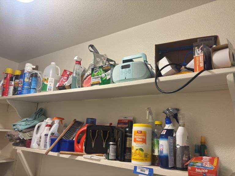 Two shelves of miscellaneous household cleaners and home care supplies image