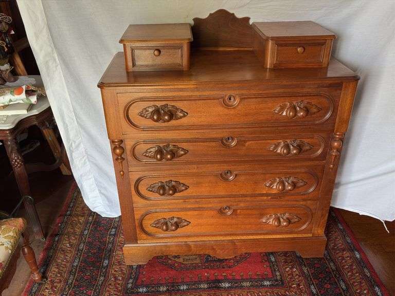 Walnut dresser with fruit and nut pulls, hanky drawers 19 x 40 x 45” tall image