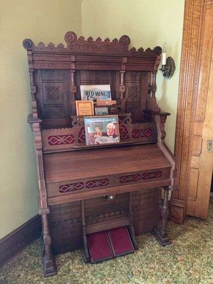 Walnut Eastlake style pump organ and sheet music 23 x 45 x 73H See video of it being played! image