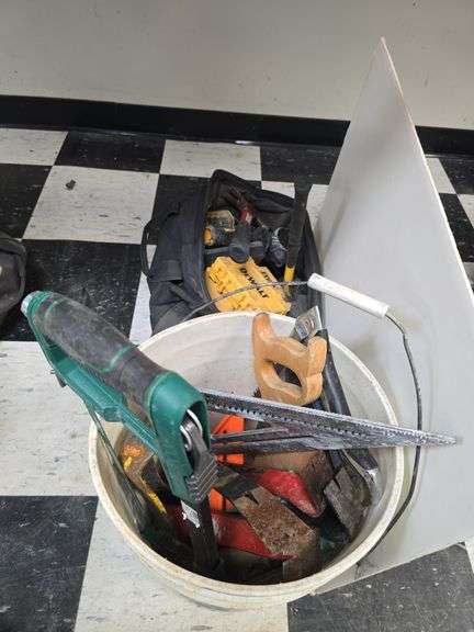 Bucket and bag of assorted tools image