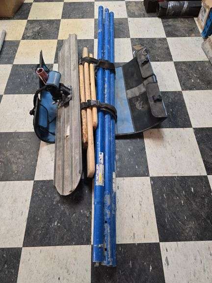 Marshaltown concrete tool carrier, 48" bull float w (3) 6' handles, (2) 24" & (1) 36" broom and 2 broom handles image