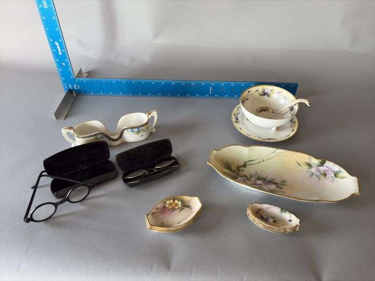 Porcelain eyeglass holder, old spectacles, Nippon hand painted dish with nut dishes, Nippon bowl, ladle and under plate image
