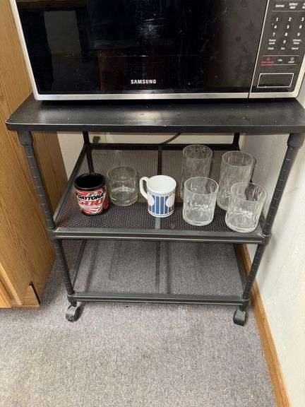Samsung microwave, stainless steel trash can, rolling shelf unit, etc