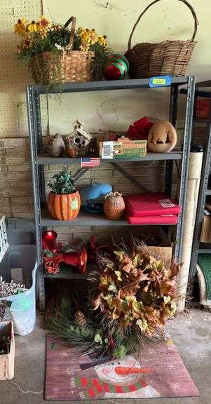 Shelf and all includes holiday decor, stadium cushions, bird feeder, outside entry mats, etc image