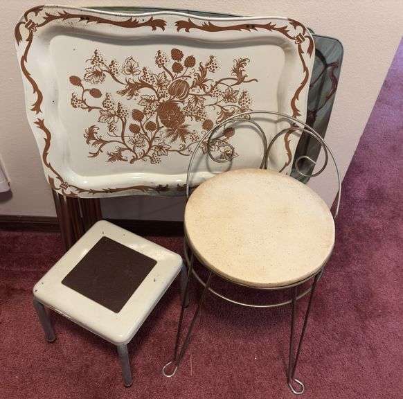 Four vintage tv trays (three match), vanity chair and step stool image