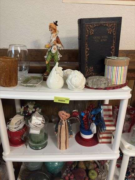 Shelf and all includes small personal cooler, decorative vases, a clown and more