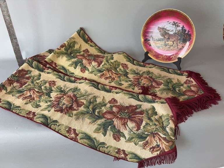 Bull elk plate 11.5” round marked STW Germany Bavaria and three 68” long table runners image